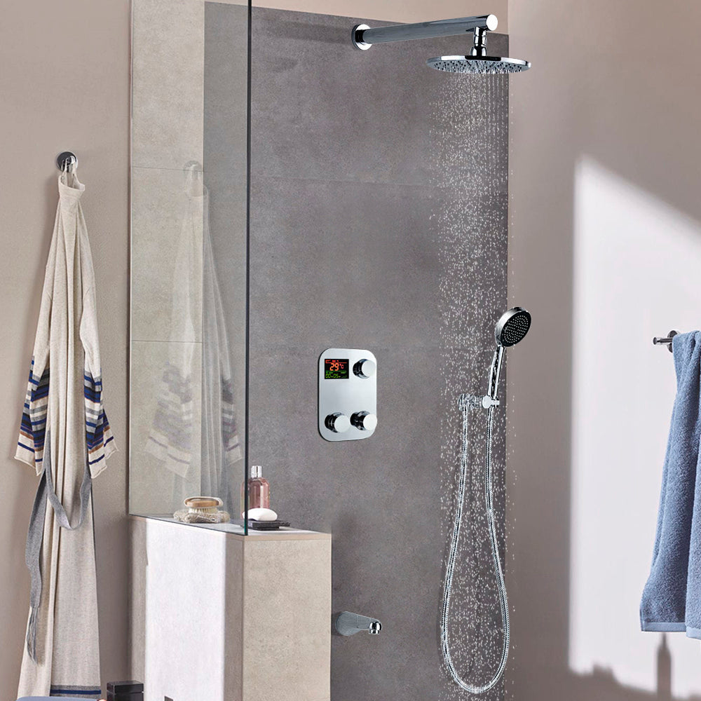 Modern Bathroom Digital Water Temperature Display Wall Mount Brass Chrome Finish Round Shower Head Set and Faucet