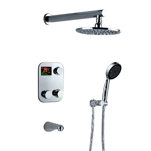 Modern Bathroom Digital Water Temperature Display Wall Mount Brass Chrome Finish Round Shower Head Set and Faucet