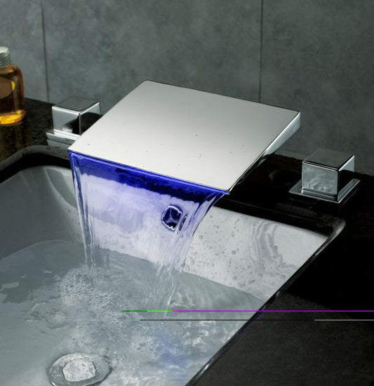 Modern Deck Mounted Dual Handle Brass Basin Waterfall LED Bathroom Sink Faucet