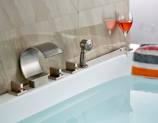 Modern Design Waterfall Three Handle Brushed Nickel Bath Tub Faucet