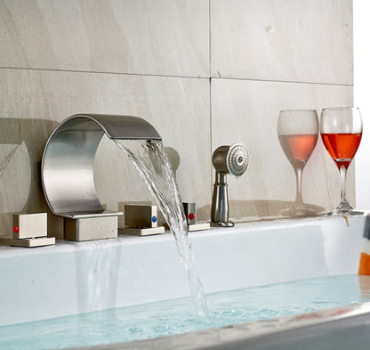 Modern Design Waterfall Three Handle Brushed Nickel Bath Tub Faucet