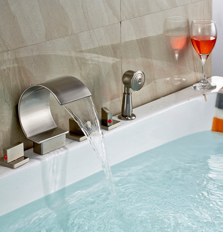 Modern Design Waterfall Three Handle Brushed Nickel Bath Tub Faucet