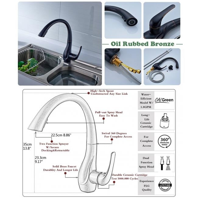 Natalie Bronze Kitchen Sink Faucet Deck Mounted Single Handle Swivel Water Outlet Pull Out Spout