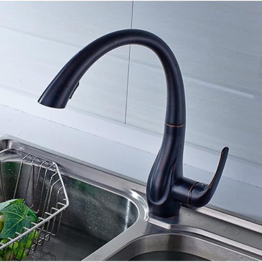 Natalie Bronze Kitchen Sink Faucet Deck Mounted Single Handle Swivel Water Outlet Pull Out Spout