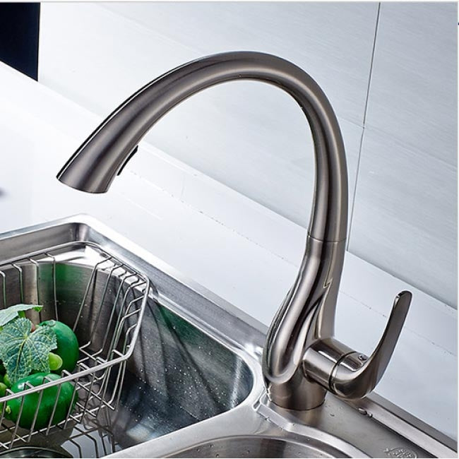 Natalie Brushed Nickel Kitchen Sink Faucet Deck Mounted Single Handle Swivel Water Outlet Pull Out Spout