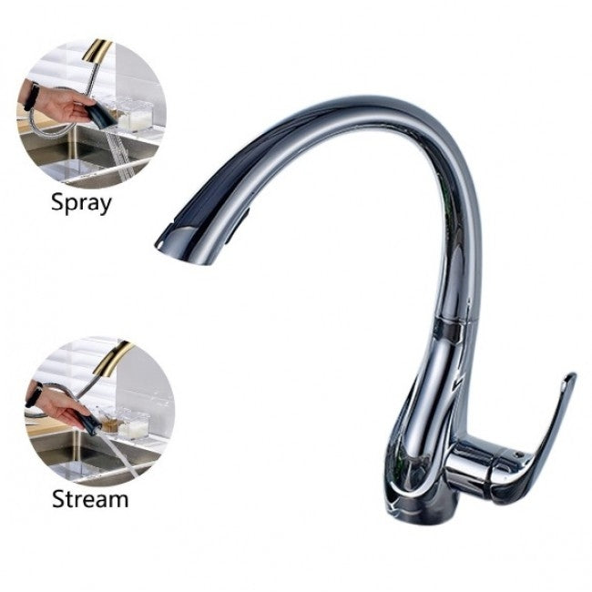 Natalie Chrome Finish Kitchen Sink Faucet Deck Mounted Single Handle Swivel Water Outlet Pull Out Spout
