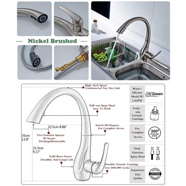 Natalie Brushed Nickel Kitchen Sink Faucet Deck Mounted Single Handle Swivel Water Outlet Pull Out Spout