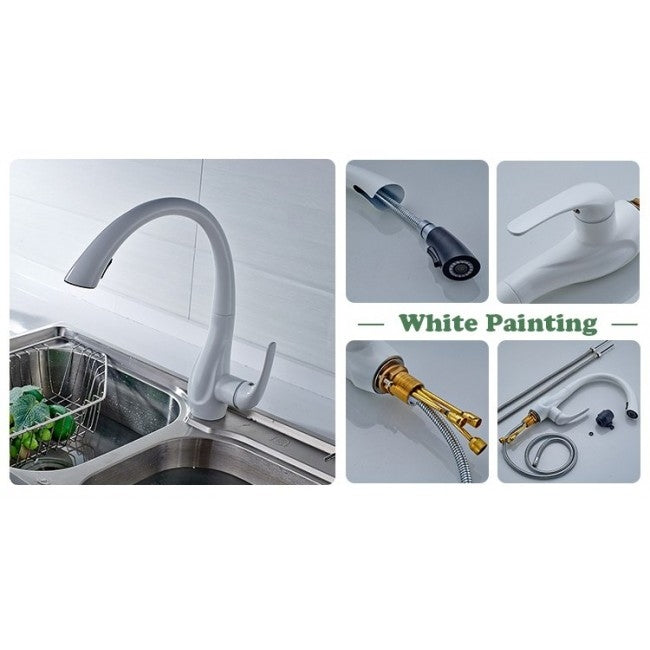 Natalie White Paint Kitchen Sink Faucet Deck Mounted Single Handle Swivel Water Outlet Pull Out Spout 