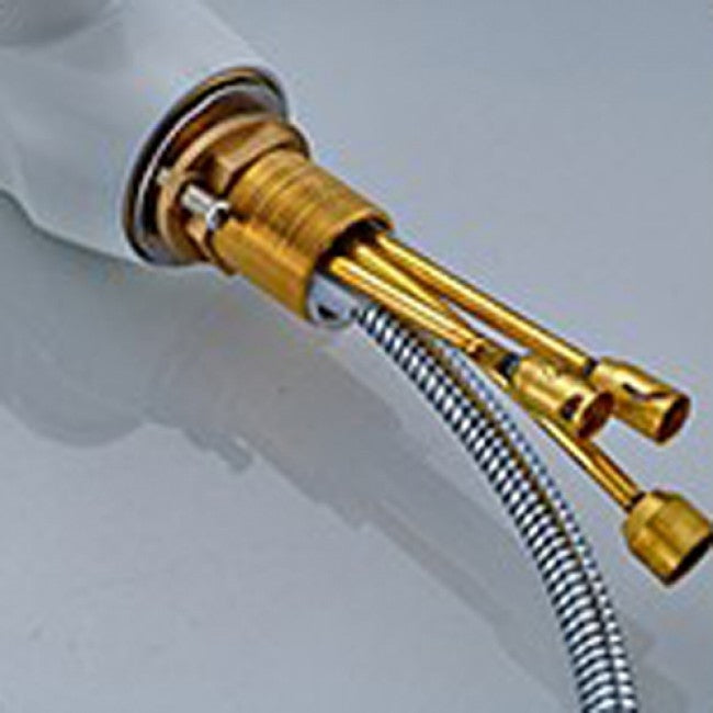 Natalie White Paint Kitchen Sink Faucet Deck Mounted Single Handle Swivel Water Outlet Pull Out Spout 