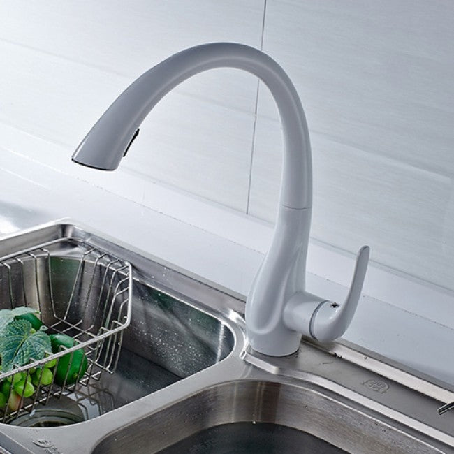 Natalie White Paint Kitchen Sink Faucet Deck Mounted Single Handle Swivel Water Outlet Pull Out Spout 