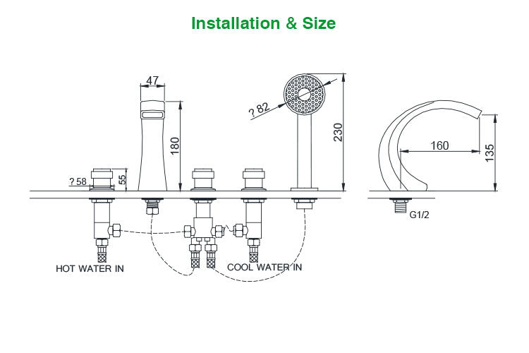 Juno New Design 5 Pcs Chrome Finish Brass Body Bathtub Shower Faucet Bathtub Waterfall Bath Tub Mixer with Hand Shower