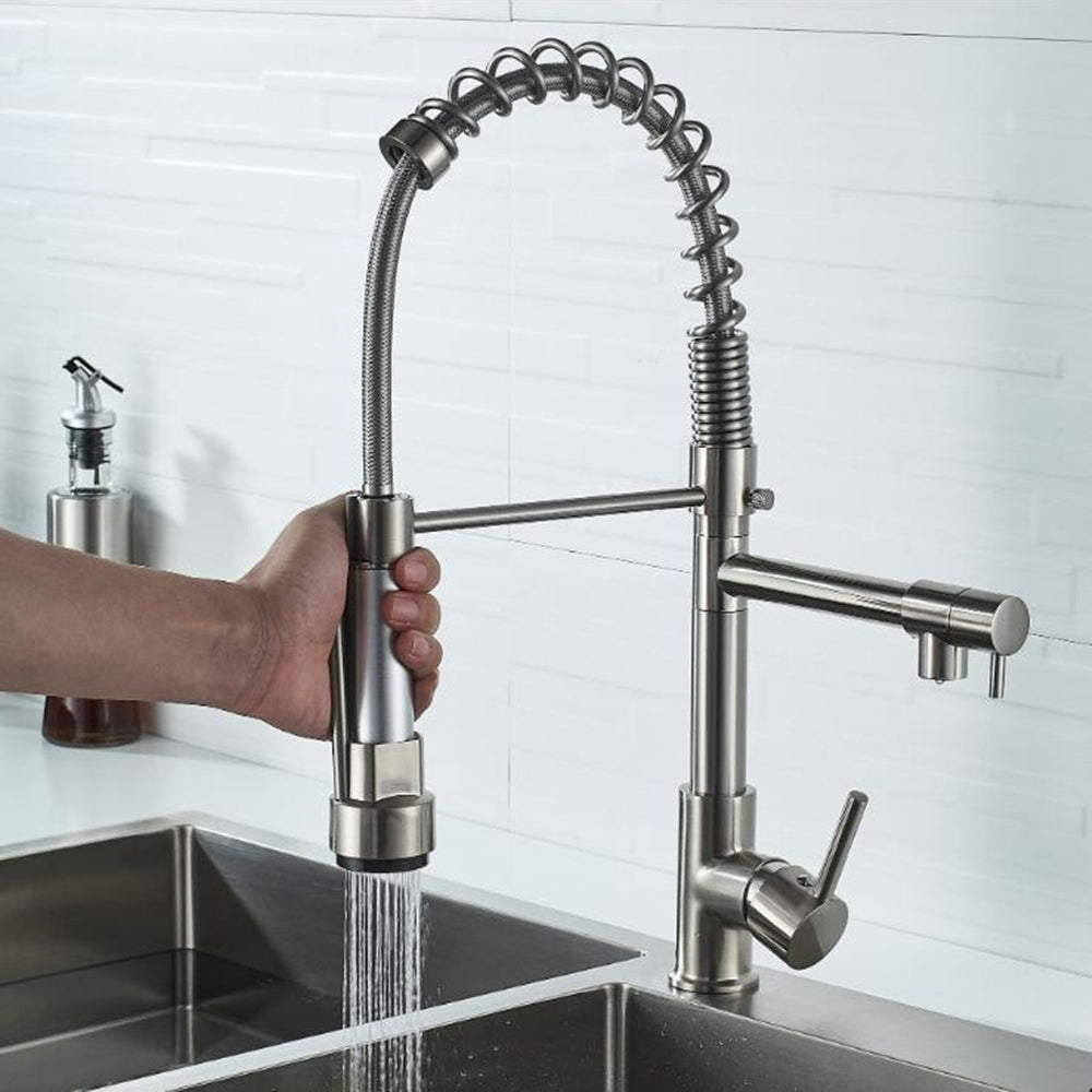 Brushed nickel commercial kitchen faucet with spray
