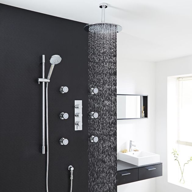 6 Jetted New Thermostatic Ceiling Mount Shower System 12" Rain Shower Head in Shower Set