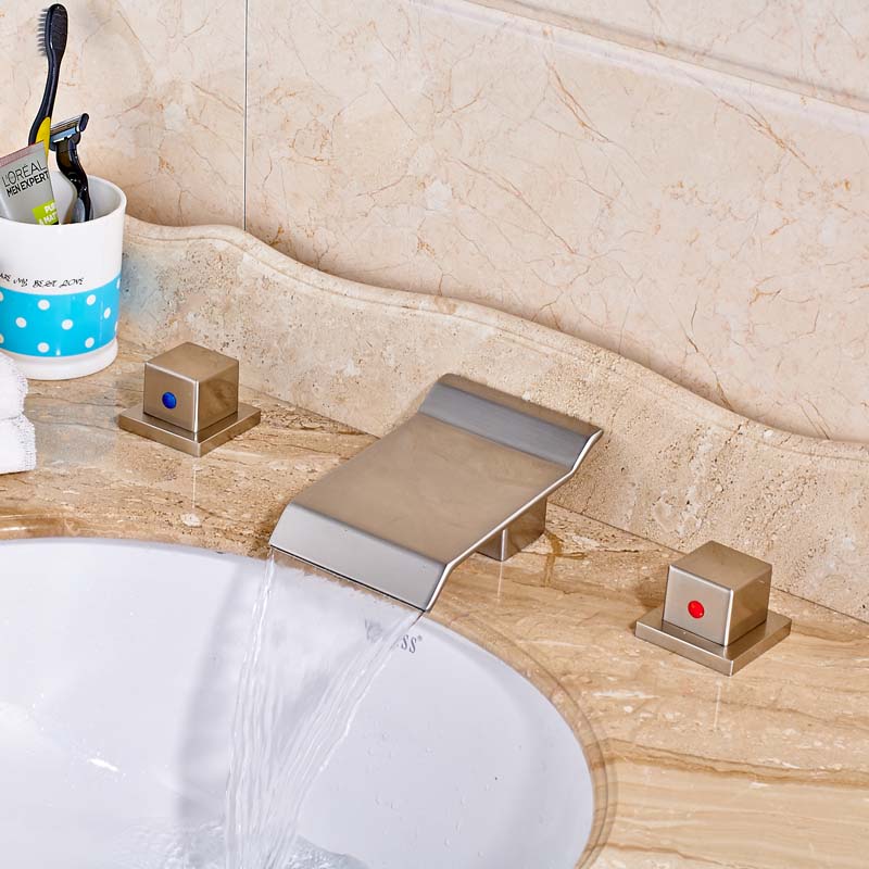 Brushed Bathroom Sink Faucet Double Handles Hot & Cold Water Mixer Tap