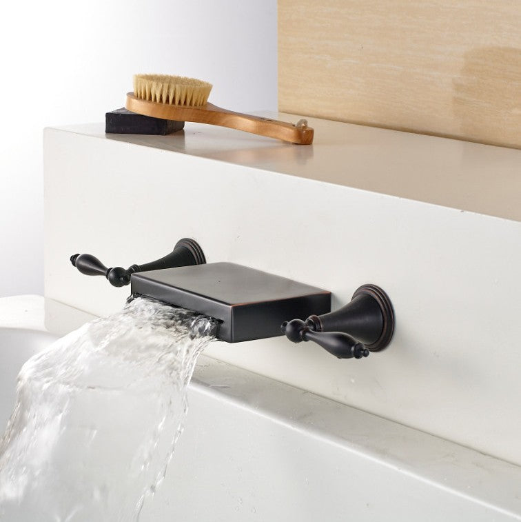 Oil Rubbed Bronze Wall Mount Long Dual Handle Bathroom Sink Faucet