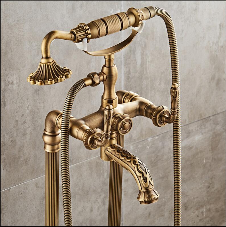 Juno Antique Brass Outdoor Floor Standing Faucet with Handheld Shower