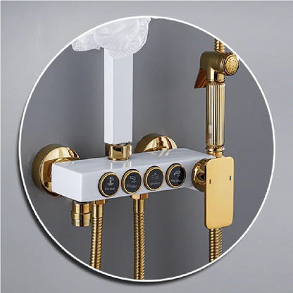 Juno White & Gold Finish Digital Display Thermostatic Shower Set With Four Shower Gear Booster Nozzle