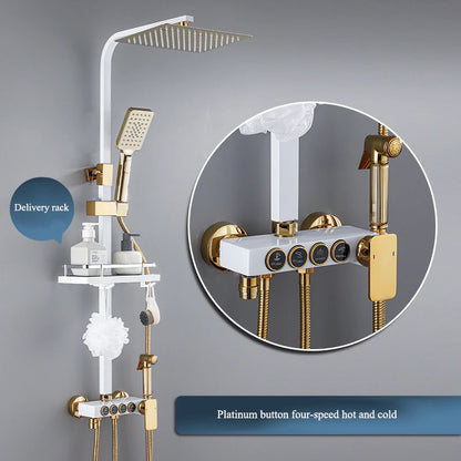 Juno White & Gold Finish Digital Display Thermostatic Shower Set With Four Shower Gear Booster Nozzle