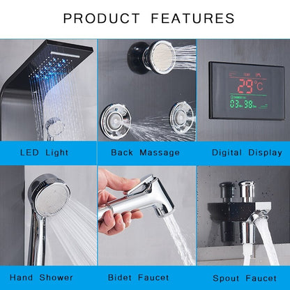 Juno Luxury LED Waterfall & Rainfall Stainless Steel Wall Mount Black Shower Panel