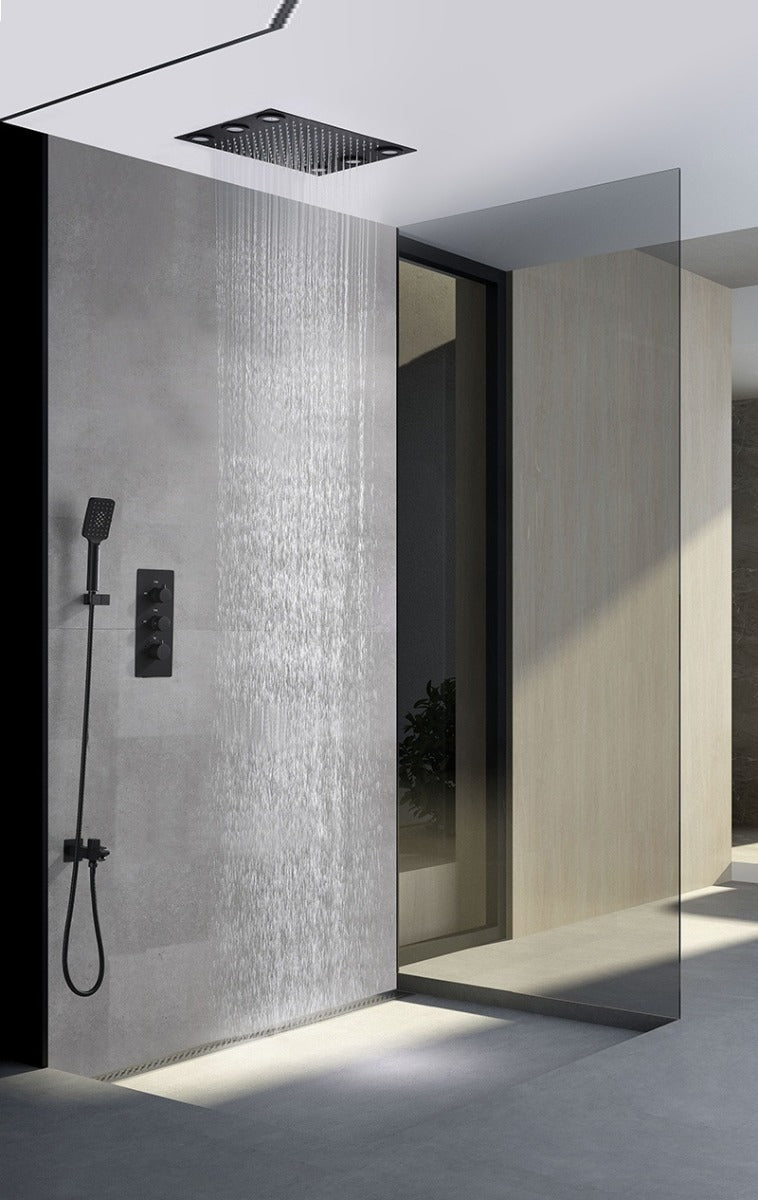 Juno Luxury Matte Black Rainfall 20 Inch Ceiling Mount LED 3 Function Square Showerhead