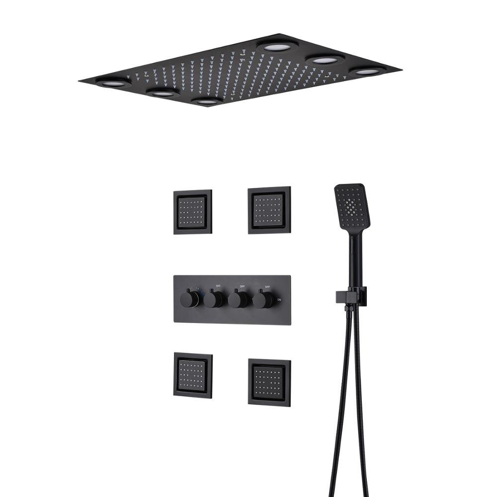 Juno Concealed 3 Functions Black LED Shower Head with 4 Inch Body Jets