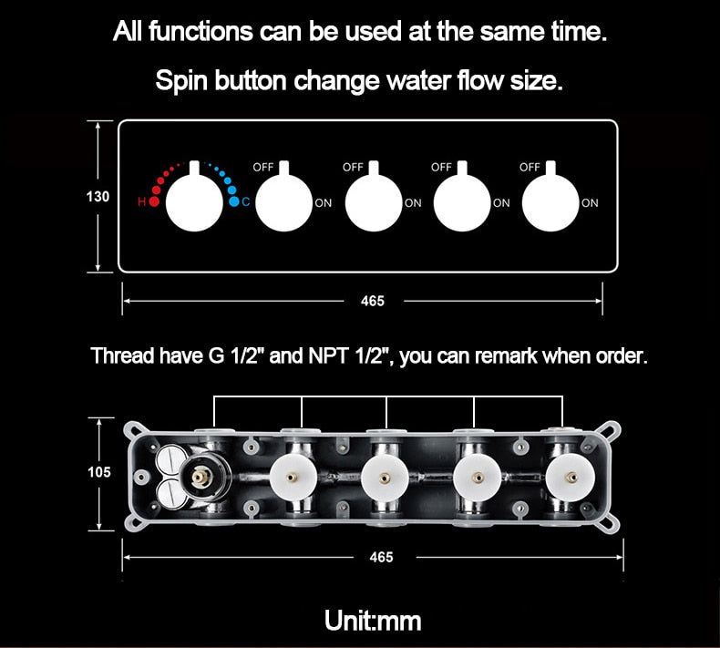 5 Knobs Rose Gold Music Shower Systems LED Light Remote Control