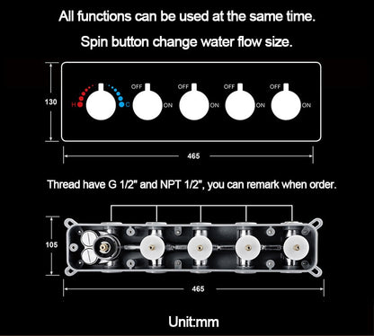 5 Knobs Rose Gold Music Shower Systems LED Light Remote Control