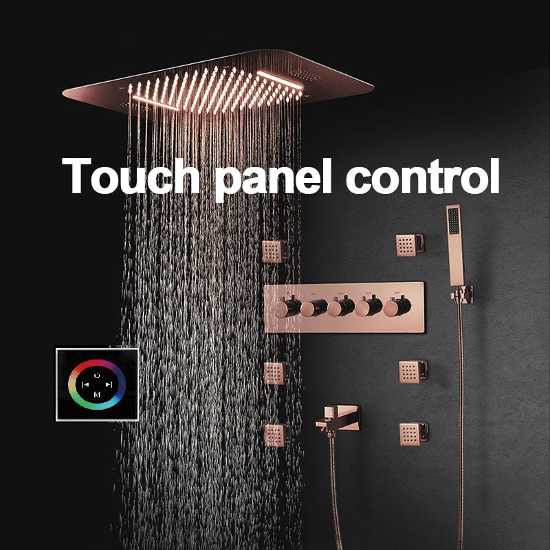 5 Knobs Rose Gold Music Shower Systems LED Light Remote Control