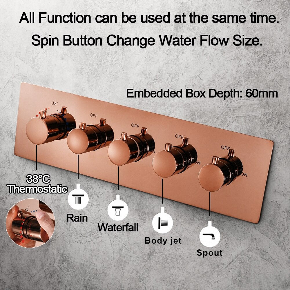 5 Knobs Rose Gold Music Shower Systems LED Light Remote Control