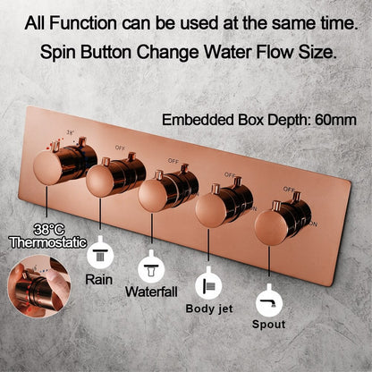 5 Knobs Rose Gold Music Shower Systems LED Light Remote Control