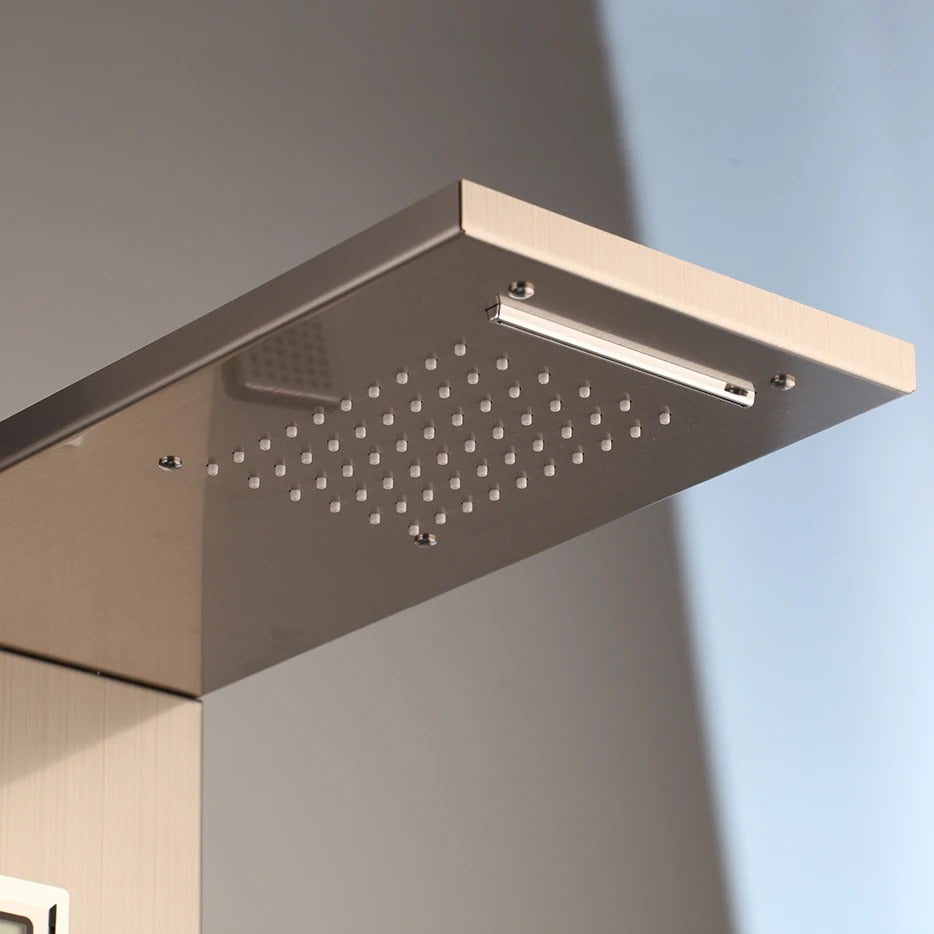 Juno Wall-Mounted Brushed Gold 4-Function Shower Panel with Rainfall, Waterfall, Body Jets & Handheld Wand