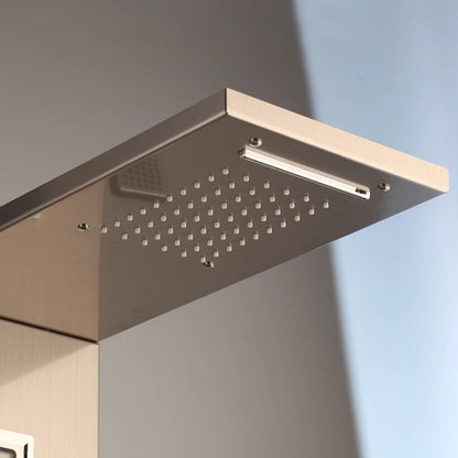 Juno Wall-Mounted Brushed Gold 4-Function Shower Panel with Rainfall, Waterfall, Body Jets & Handheld Wand