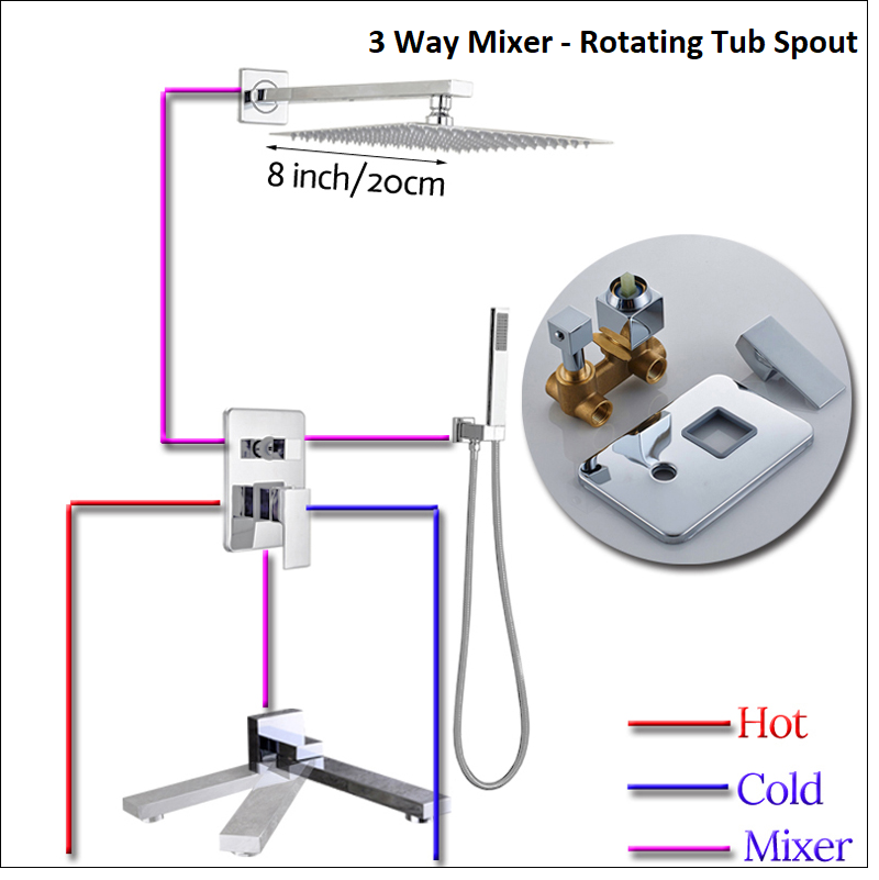 3 Functions Rain Shower Head Chrome Finish Wall Mount with Rotating Tub Spout