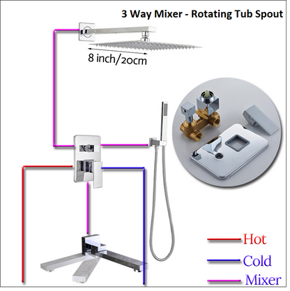 3 Functions Rain Shower Head Chrome Finish Wall Mount with Rotating Tub Spout