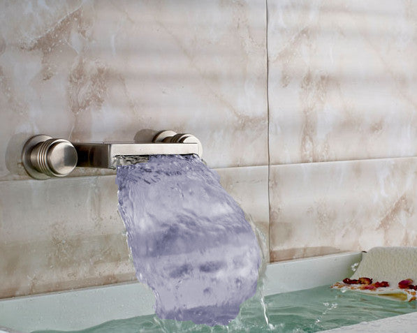 Brushed Wall Mount Round Dual Handle LED Bath Sink Faucet