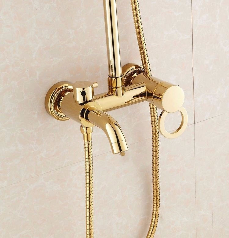 Round Rain Gold Brass Shower Mixer Faucet with Hand Held Shower