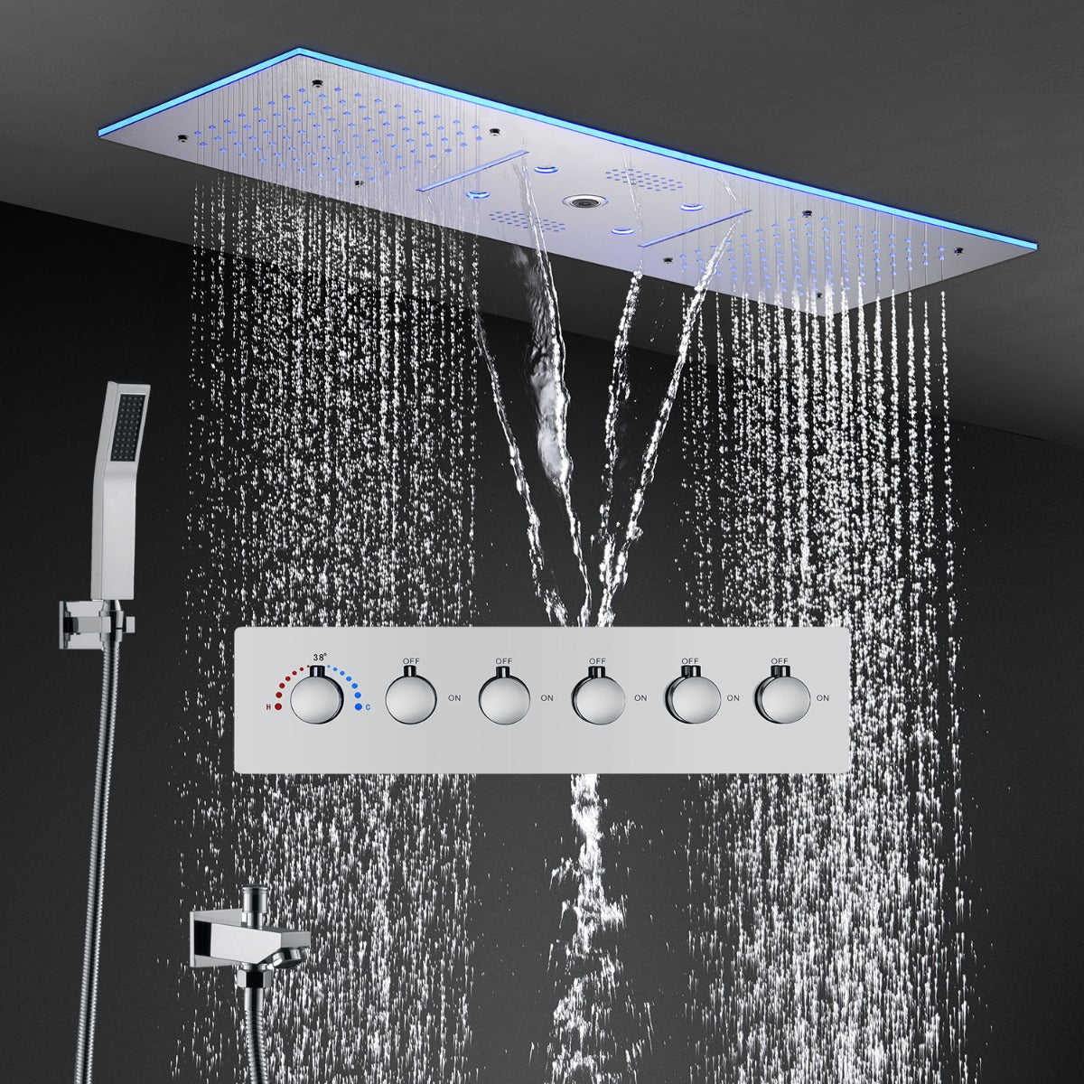 Juno Commercials Ceiling Concealed Bluetooth Music LED Shower Head Panel Kit with Thermostatic Mixer Valve
