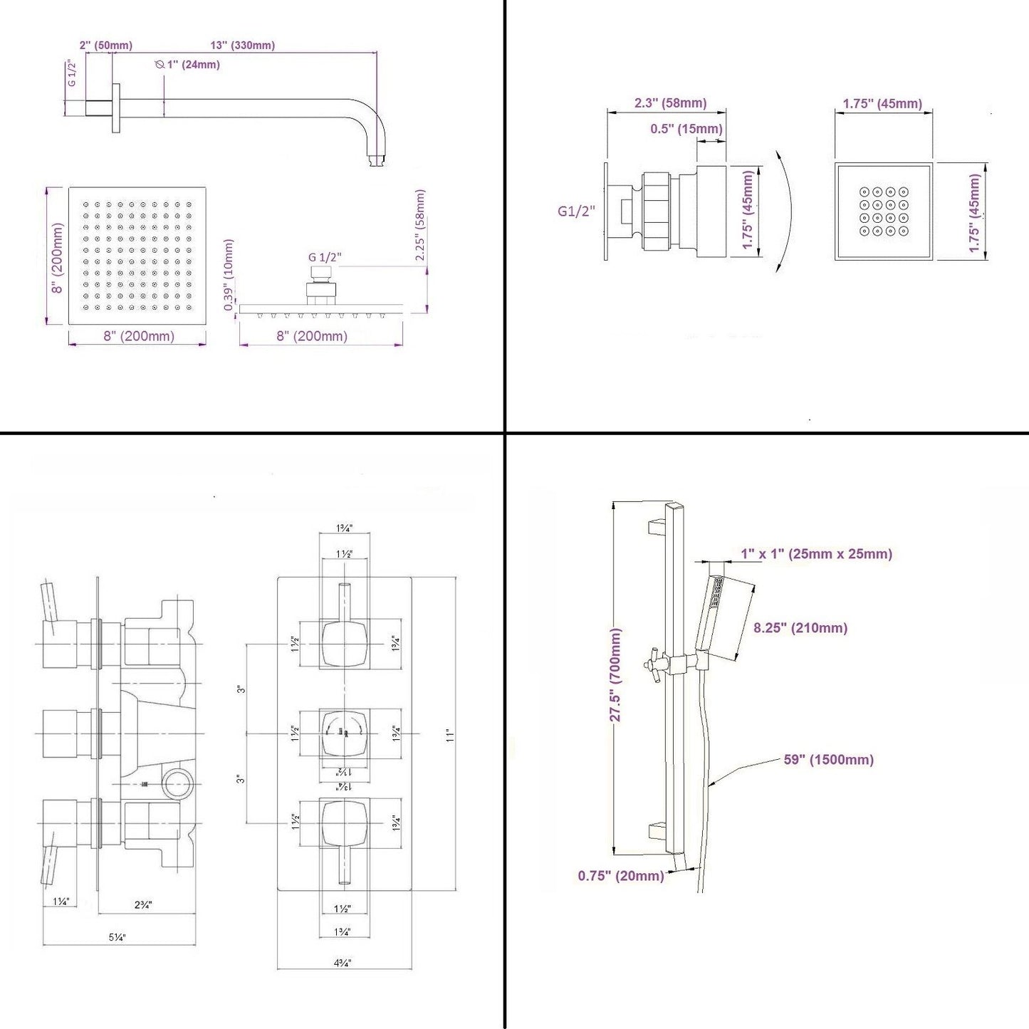 Nantes Thermostatic Chrome Finish Shower System With Large Rain Head Rail Kit