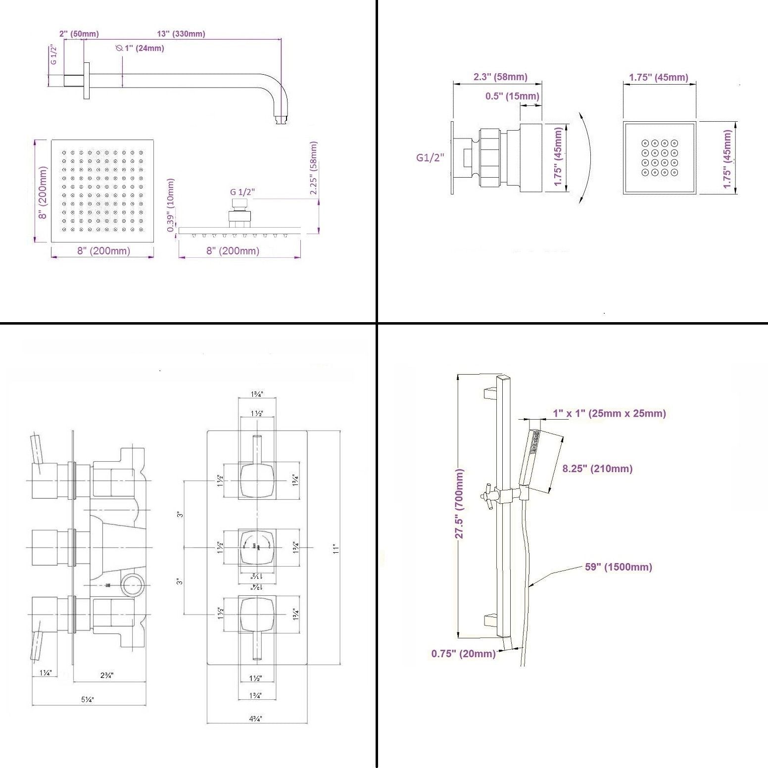 Nantes Thermostatic Chrome Finish Shower System With Large Rain Head Rail Kit