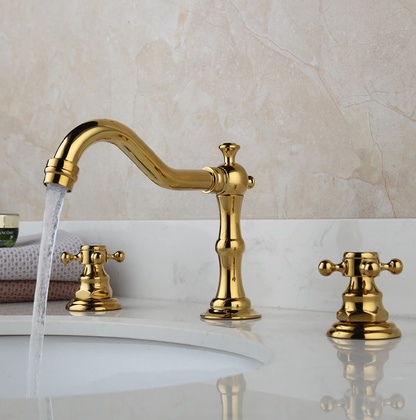 Juno Long Spout Swivel Bathroom Faucet Deck Mount Brass Dual Handle Bathroom Sink Faucet