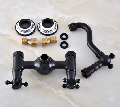 Juno Contemporary Black Brass Short Swivel Wall Mount Dual Cross Handles Kitchen Sink Faucet