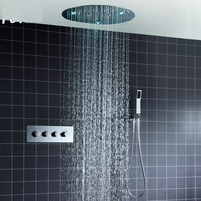 JUNO 20 Inches Round LED Concealed Embedded in Wall Thermostatic Shower with Mixer Valve & Handheld Shower