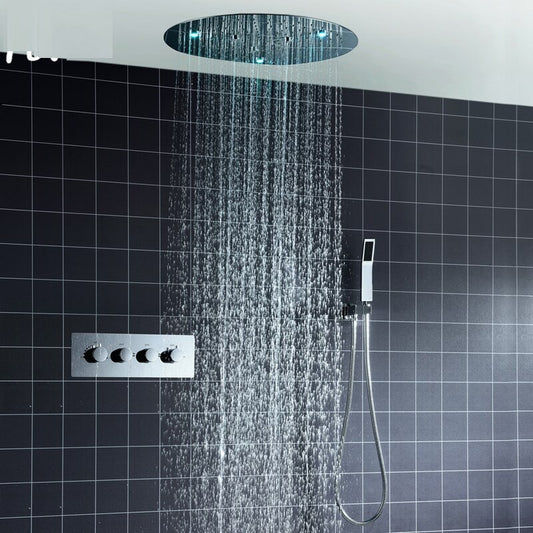 JUNO 20 Inches Round LED Concealed Embedded in Wall Thermostatic Shower with Mixer Valve & Handheld Shower
