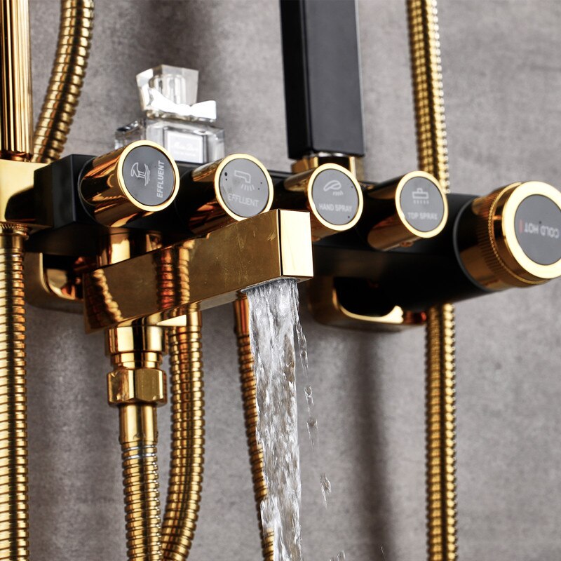 Juno Black & Gold Rainfall Shower Head Wall Mount Modern Bidet Shower Shelf