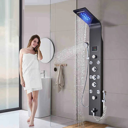 Juno Luxury LED Waterfall & Rainfall Stainless Steel Wall Mount Black Shower Panel