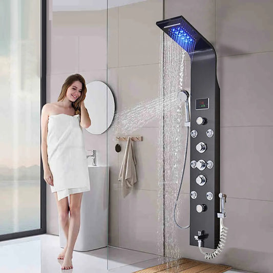Juno Luxury LED Waterfall & Rainfall Stainless Steel Wall Mount Black Shower Panel