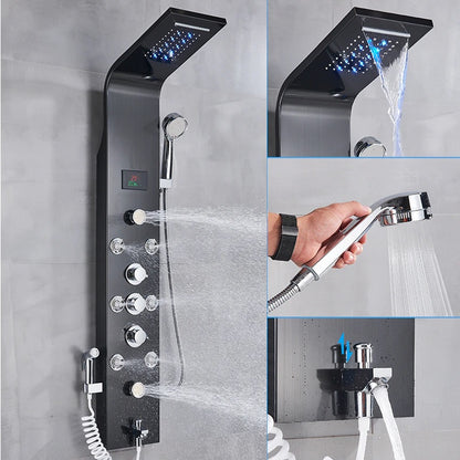 Juno Luxury LED Waterfall & Rainfall Stainless Steel Wall Mount Black Shower Panel