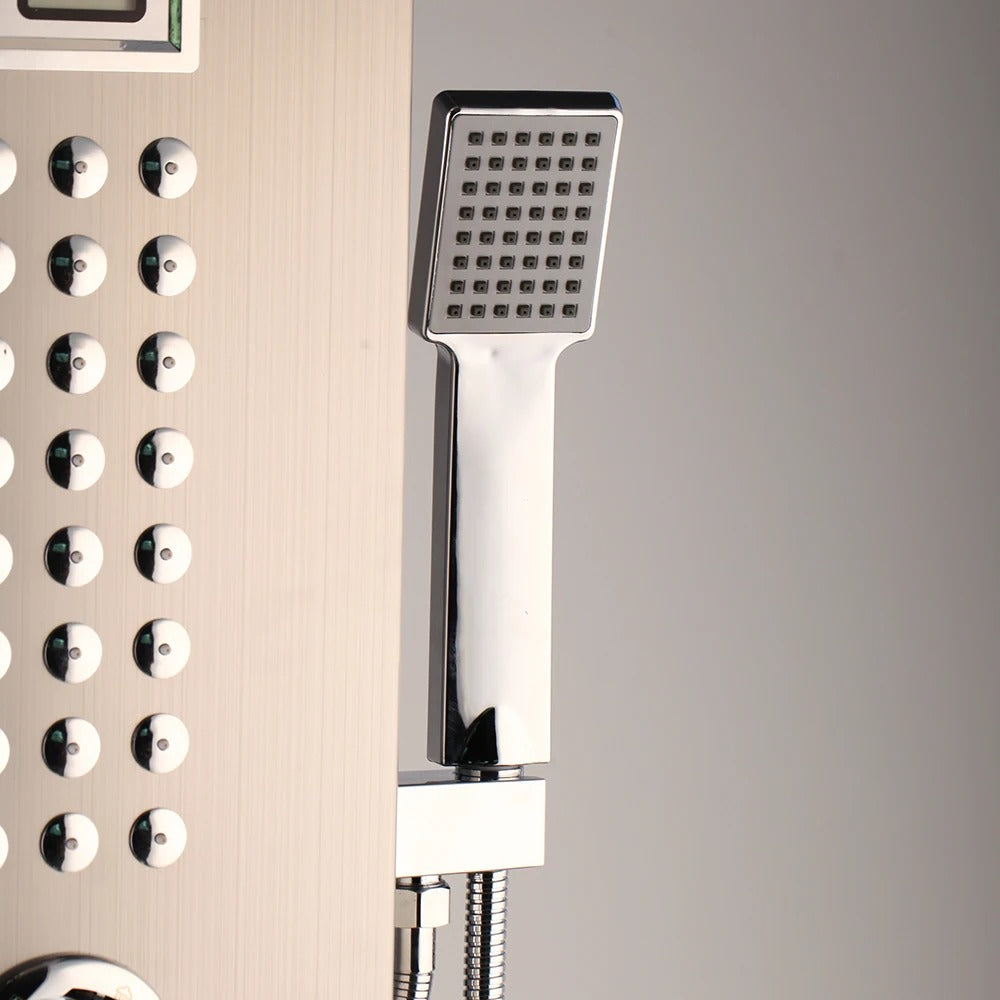 Juno Wall-Mounted Brushed Gold 4-Function Shower Panel with Rainfall, Waterfall, Body Jets & Handheld Wand