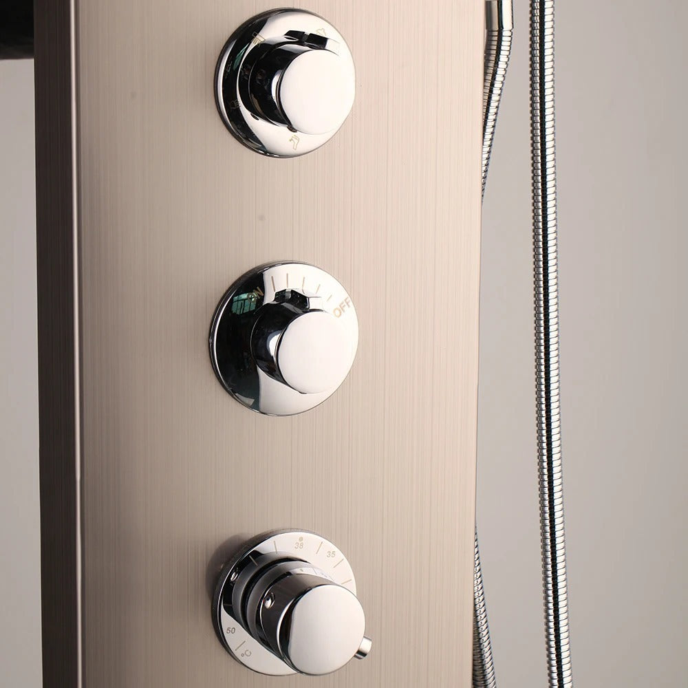 Juno Wall-Mounted Brushed Gold 4-Function Shower Panel with Rainfall, Waterfall, Body Jets & Handheld Wand