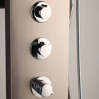 Juno Wall-Mounted Brushed Gold 4-Function Shower Panel with Rainfall, Waterfall, Body Jets & Handheld Wand